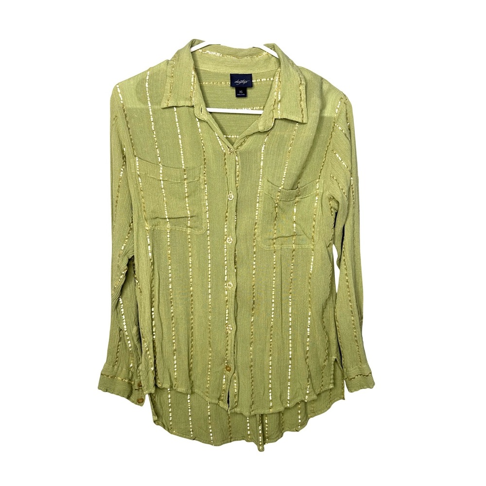 Daytrip Button Down Shirt Womens XS Green Gold Metallic Stripe Gauze Long Sleeve